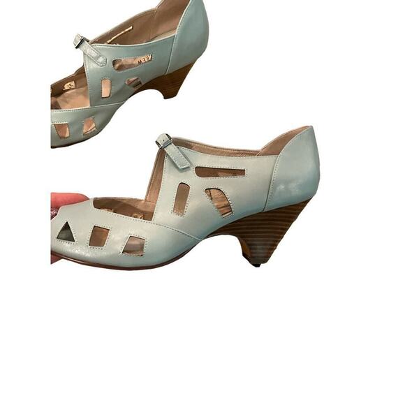 Chelsea Crew Slip-On Sandal Women's 9.5 Green Leather Buckle Peep Toe Block Heel - Picture 4 of 6